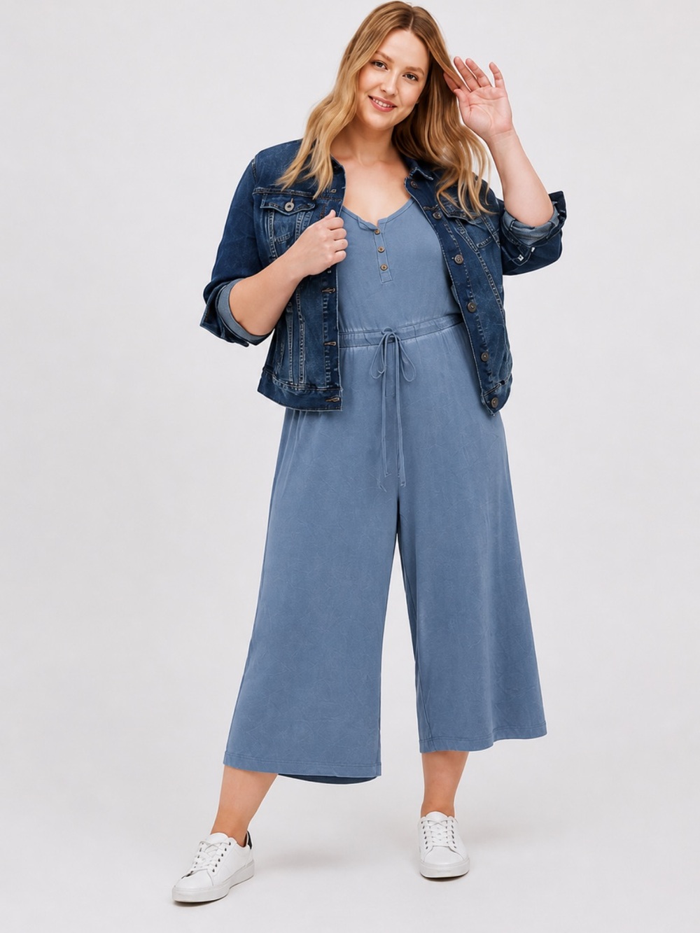 Torrid Dusty Blue Acid Wash Wide-Leg knit Jumpsuit